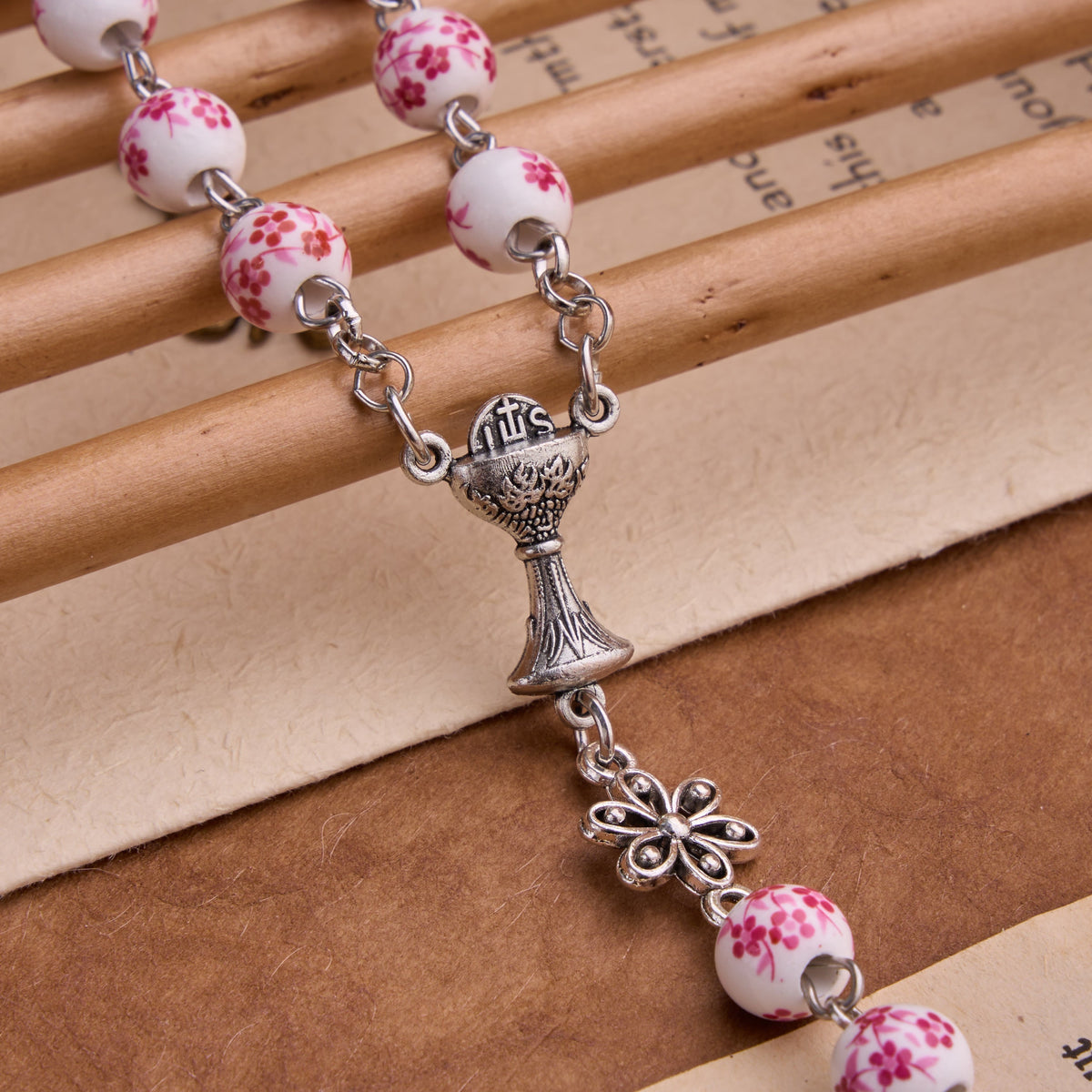 Ceramic Rosary With Jeweled Our Lady&Holy Grail Medal: Token of Divine Shelter
