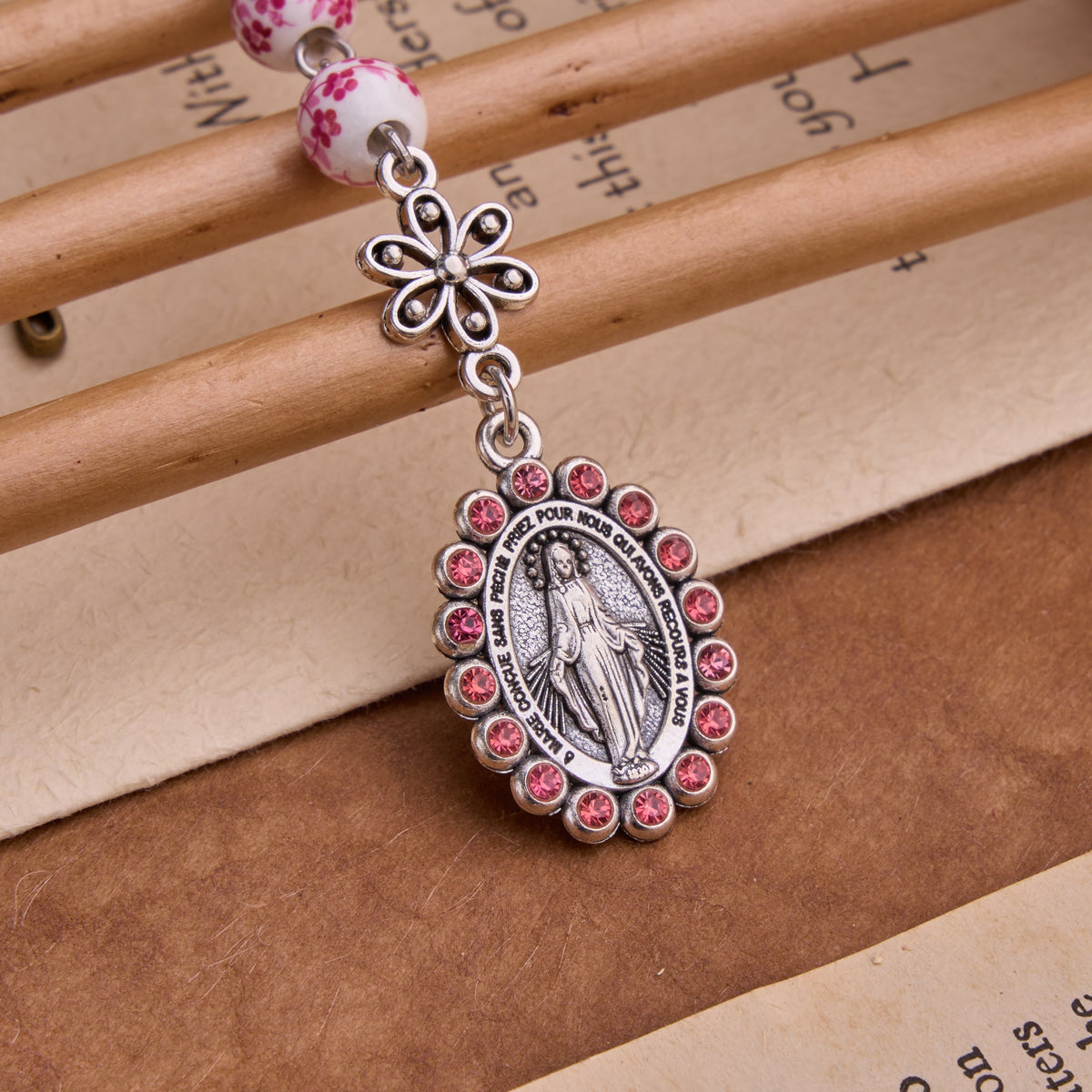 Ceramic Rosary With Jeweled Our Lady&Holy Grail Medal: Token of Divine Shelter