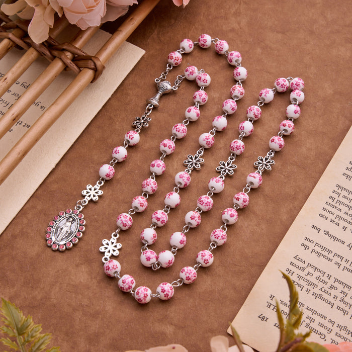 Ceramic Rosary With Jeweled Our Lady&Holy Grail Medal: Token of Divine Shelter