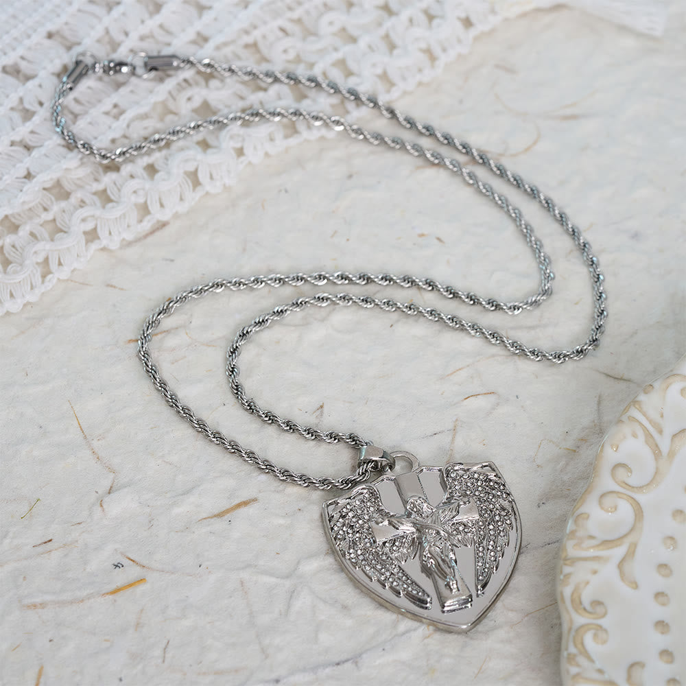Sparkling Stone Shield Crucifix Pendant Necklace: Token of Divine Comfort