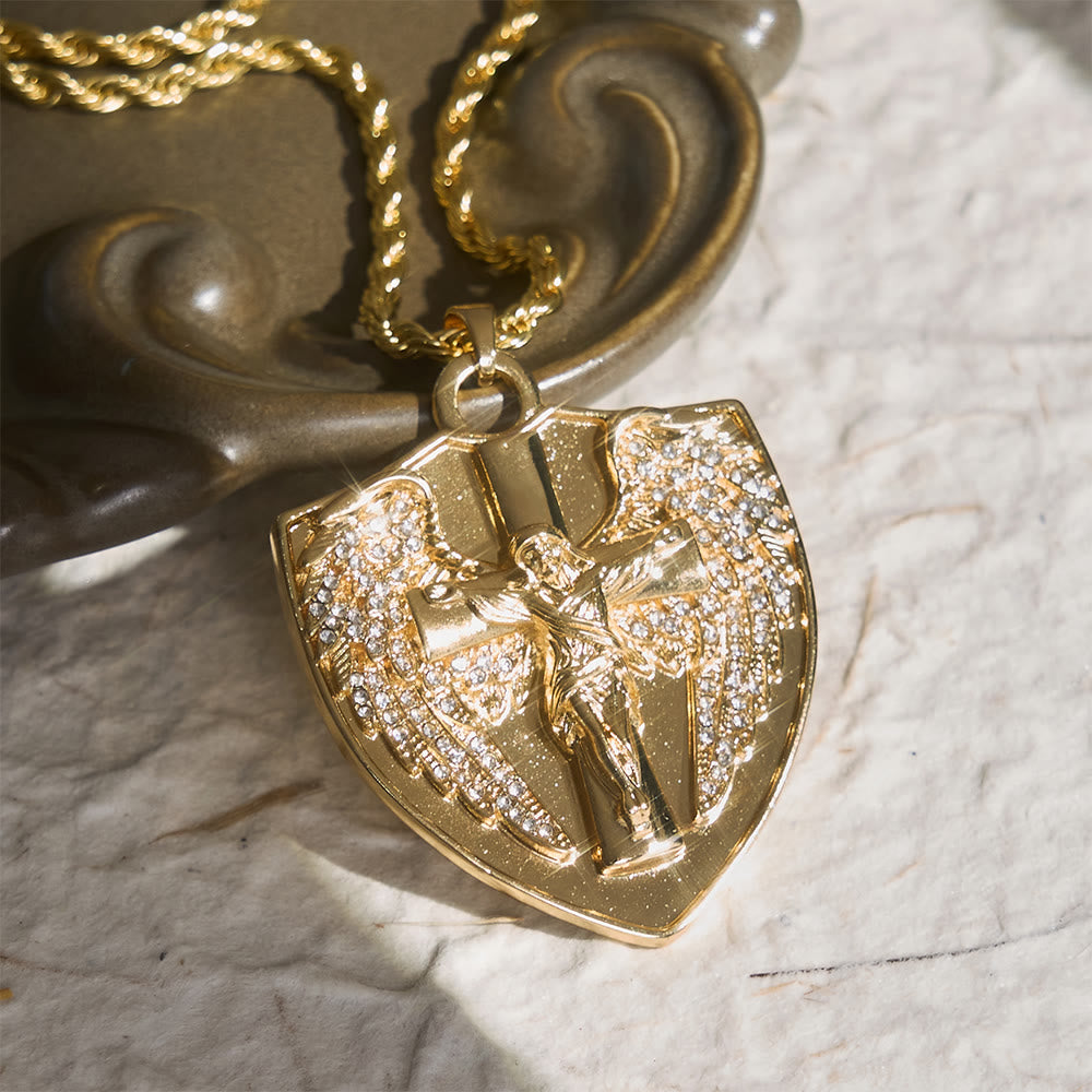 Sparkling Stone Shield Crucifix Pendant Necklace: Token of Divine Comfort
