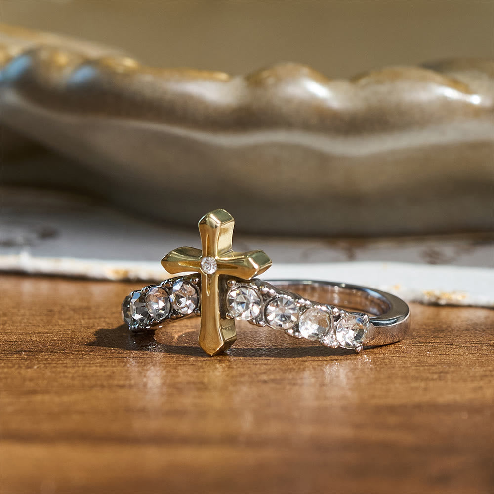 Raised Jeweled Cross V‑Shaped Band Ring: Symbol of Celestial Blessing