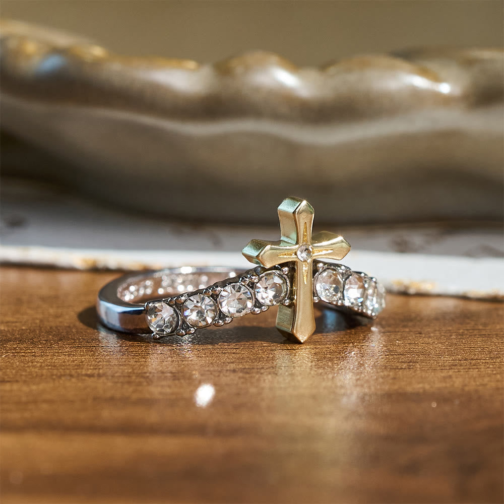 Raised Jeweled Cross V‑Shaped Band Ring: Symbol of Celestial Blessing