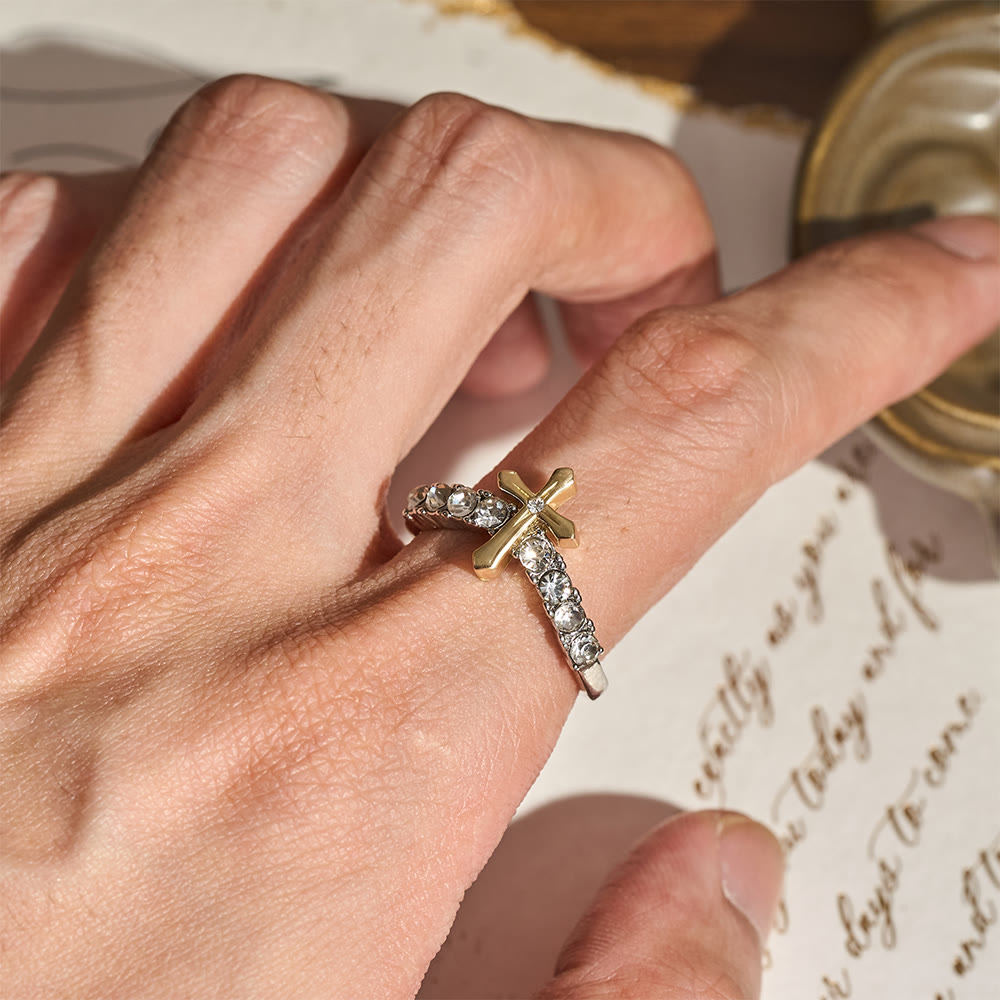 Raised Jeweled Cross V‑Shaped Band Ring: Symbol of Celestial Blessing