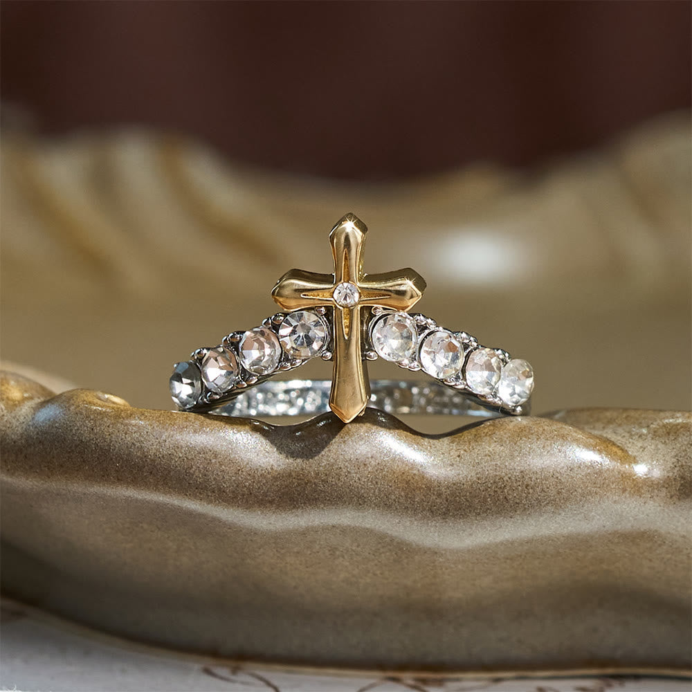 Raised Jeweled Cross V‑Shaped Band Ring: Symbol of Celestial Blessing