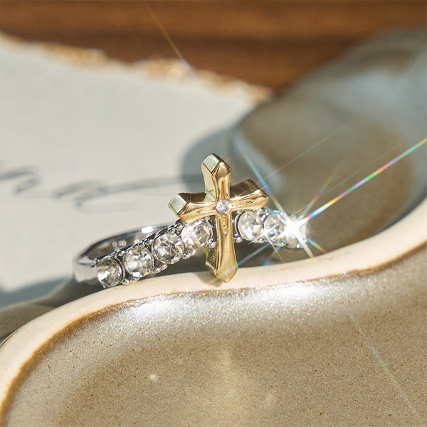 Raised Jeweled Cross V‑Shaped Band Ring: Symbol of Celestial Blessing