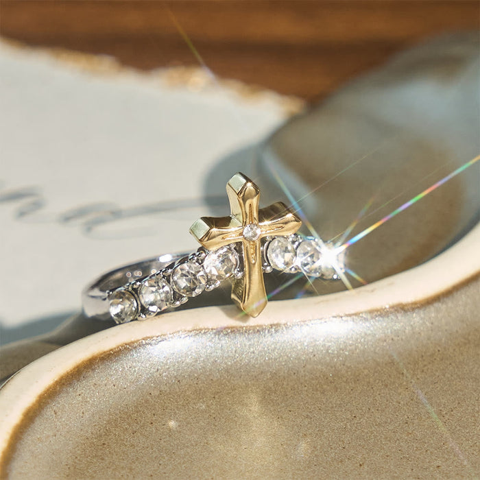 Raised Jeweled Cross V‑Shaped Band Ring: Symbol of Celestial Blessing