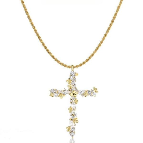 Ornate Crystal Floral Cross Pendant Necklace: Token of Divine Shelter