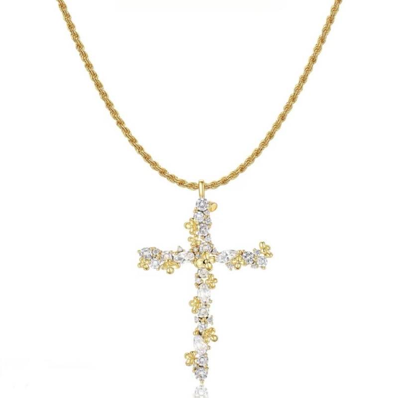 Ornate Crystal Floral Cross Pendant Necklace: Token of Divine Shelter