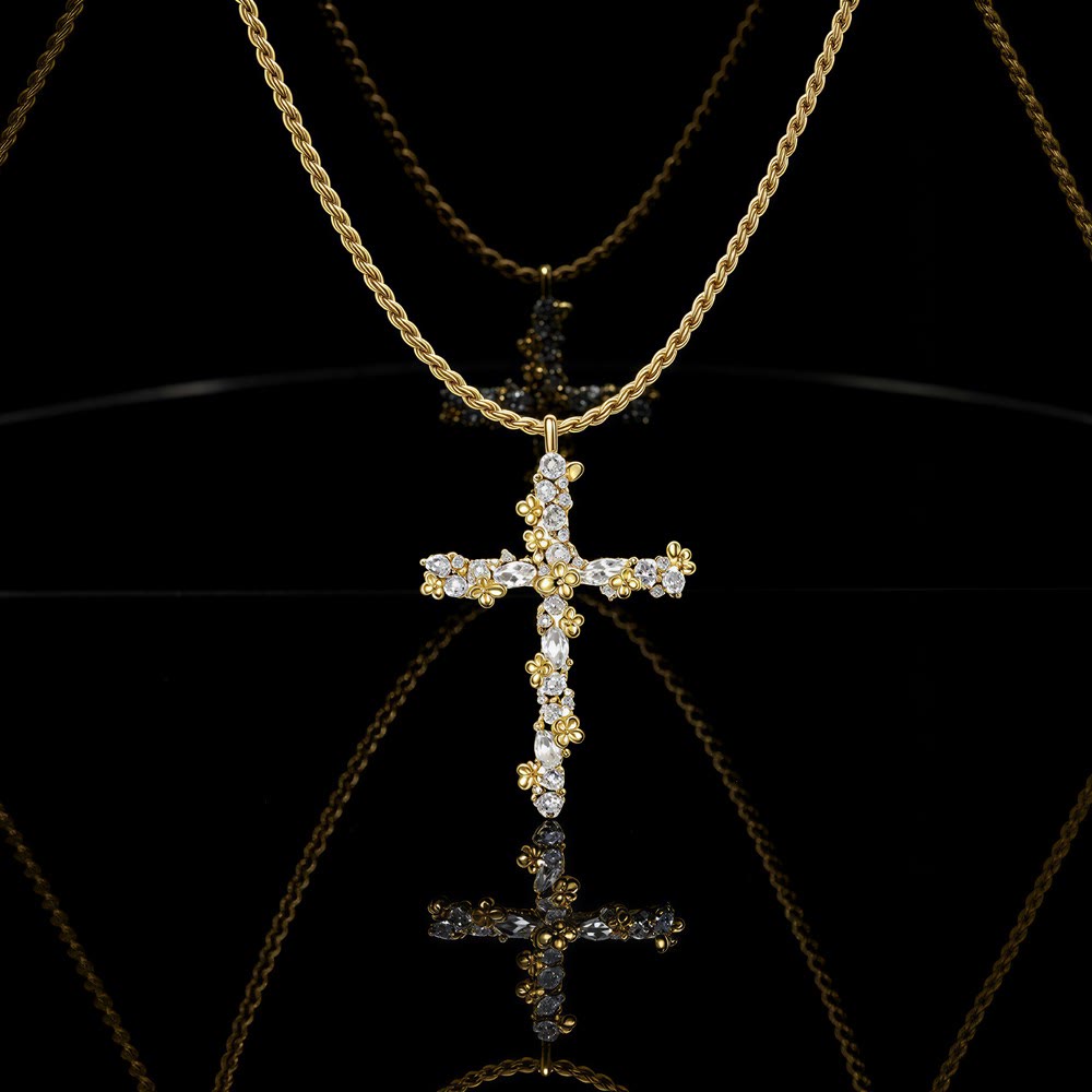 Ornate Crystal Floral Cross Pendant Necklace: Token of Divine Shelter