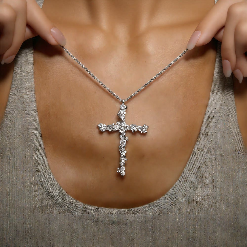 Ornate Crystal Floral Cross Pendant Necklace: Token of Divine Shelter