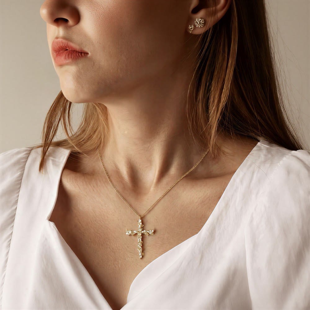 Ornate Crystal Floral Cross Pendant Necklace: Token of Divine Shelter