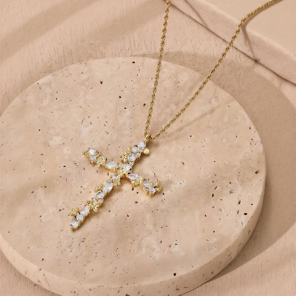 Ornate Crystal Floral Cross Pendant Necklace: Token of Divine Shelter