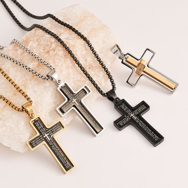 Rotatable Lord's Prayer Layered Cross Box‑Chain Necklace: Emblem of Heavenly Shelter