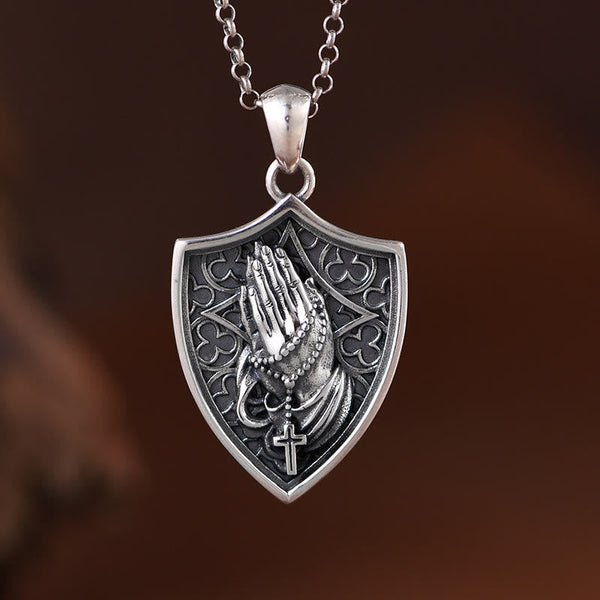 Antiqued Relief Praying Hands Shield Statement Necklace: Token of Sincere Piety