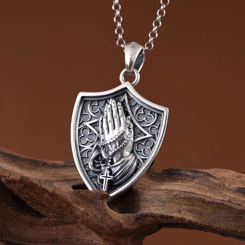 Antiqued Relief Praying Hands Shield Statement Necklace: Token of Sincere Piety