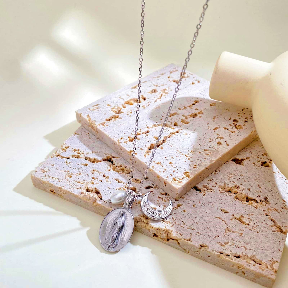 Daily‑Wear Our Lady Medal Crescent Moon Pearl Necklace: Sign of Heavenly Guardianship