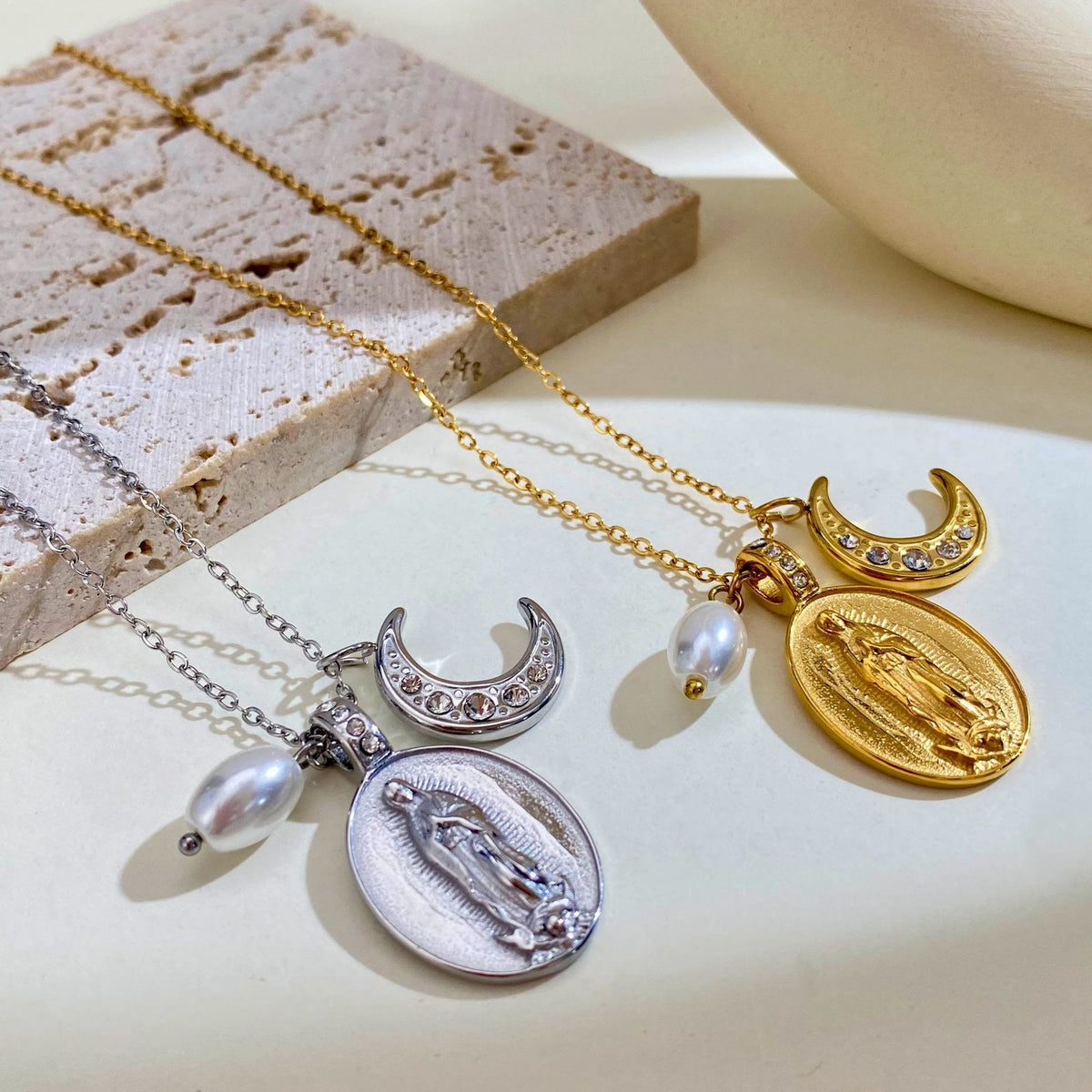 Daily‑Wear Our Lady Medal Crescent Moon Pearl Necklace: Sign of Heavenly Guardianship
