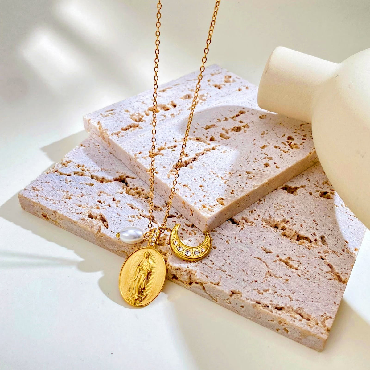 Daily‑Wear Our Lady Medal Crescent Moon Pearl Necklace: Sign of Heavenly Guardianship