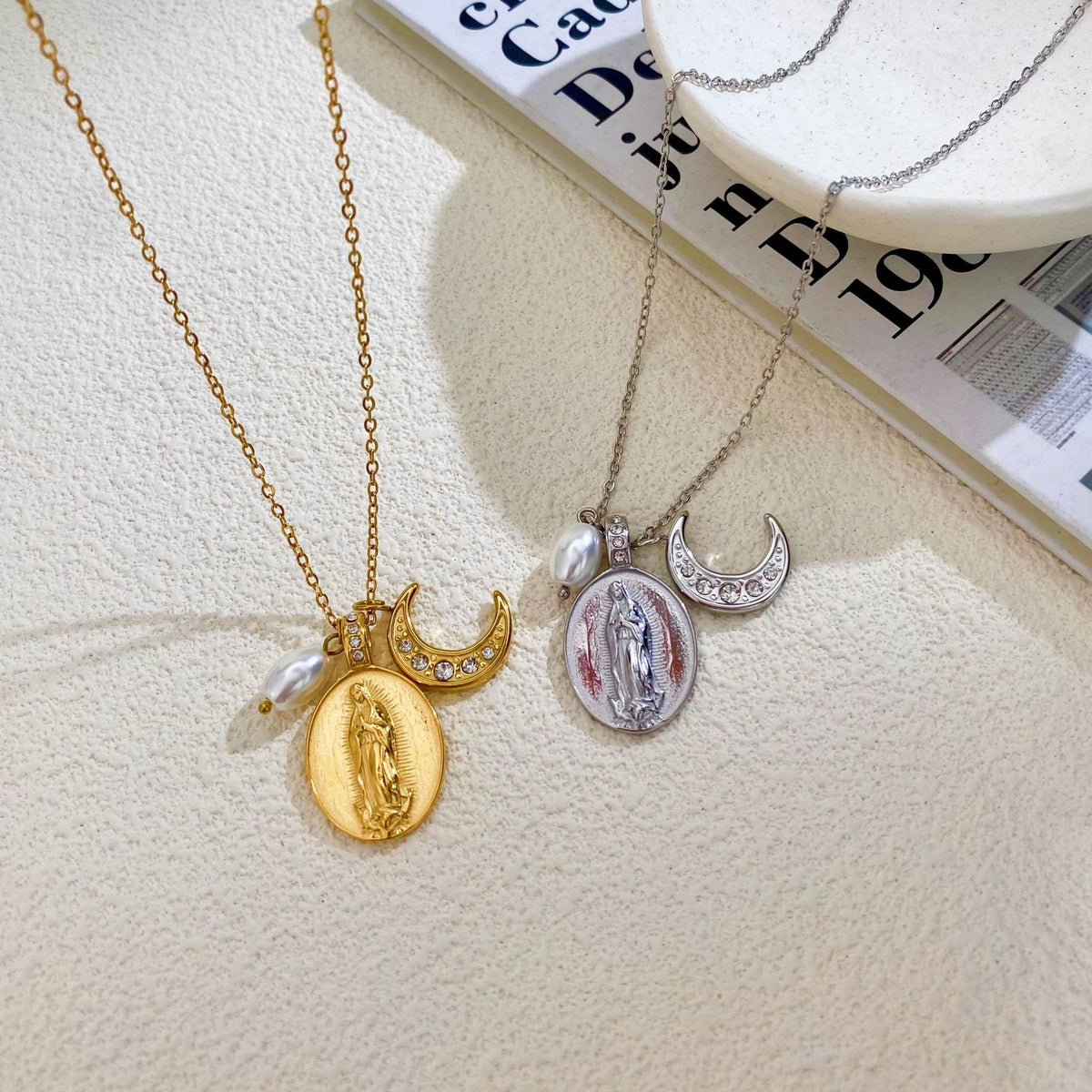 Daily‑Wear Our Lady Medal Crescent Moon Pearl Necklace: Sign of Heavenly Guardianship
