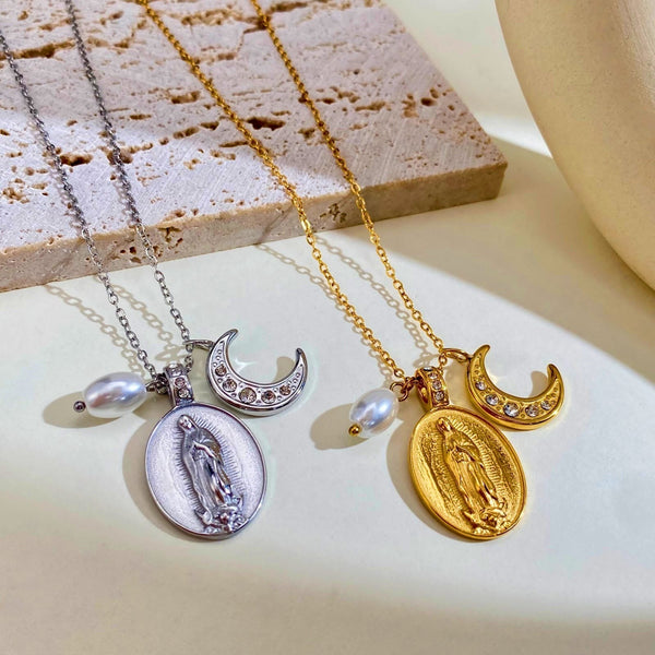 Daily‑Wear Our Lady Medal Crescent Moon Pearl Necklace: Sign of Heavenly Guardianship