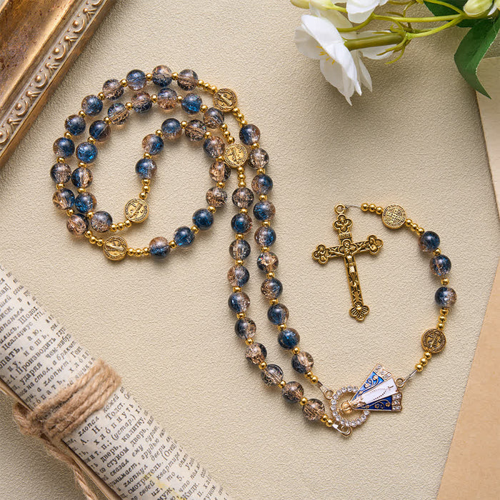 Radiant Blue-Champagne Glass‑Bead Vintage Rosary With Our Lady of Aparecida & Detailed Crucifix