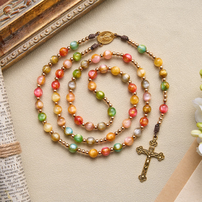 Glowing Colored Cat‑Eye Resin Rosary Featuring Vintage Carved Crucifix