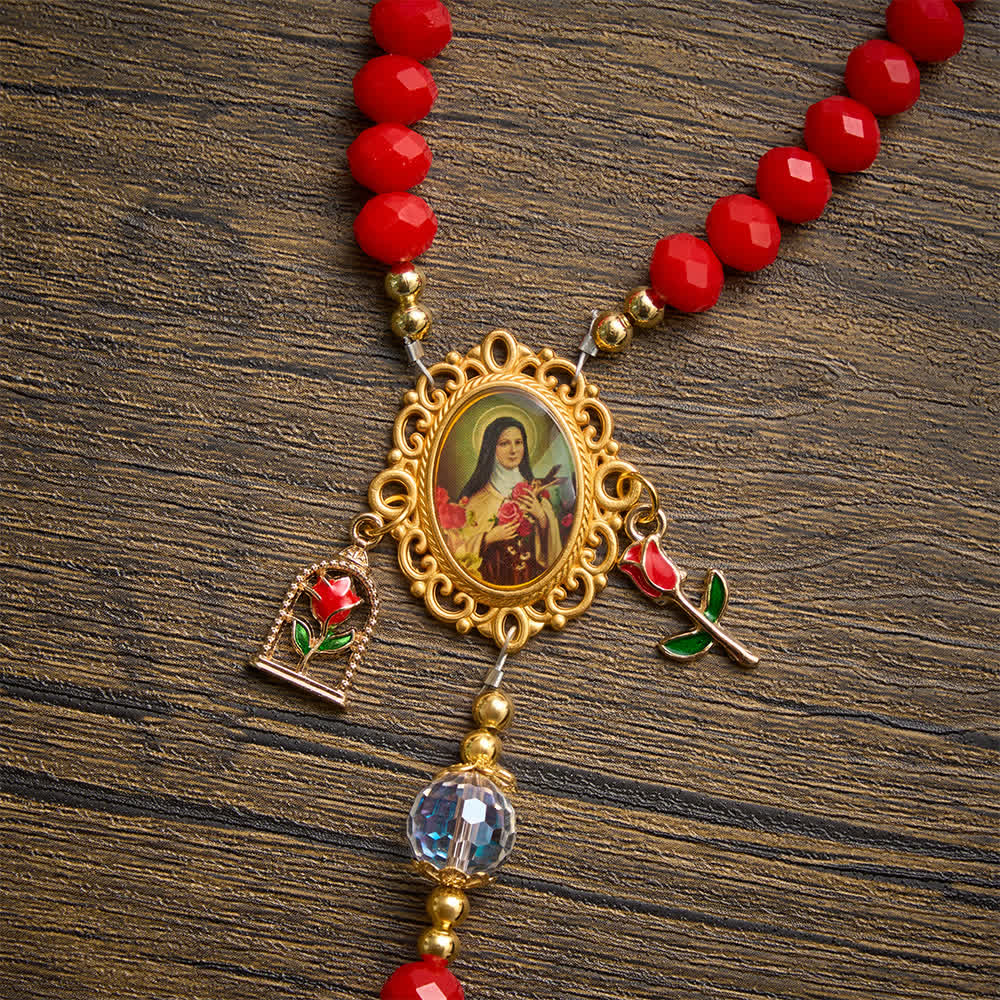 Ornate St.Therese‑Themed Rosary With Rose‑Carved Cross: Emblem of Gentle Heavenly Grace
