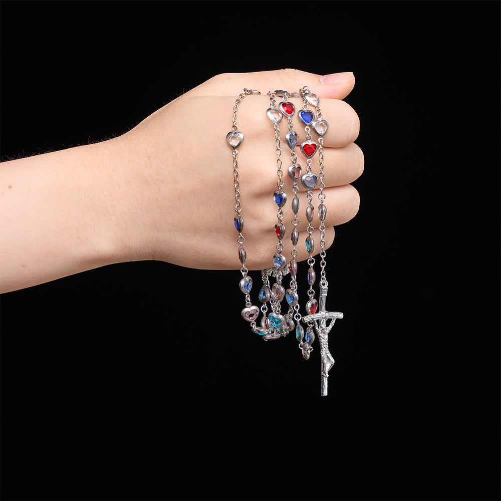Silver‑Toned Heart‑Zircon Rosary With St.Benedict Medallion: Emblem of Gentle Heavenly Grace