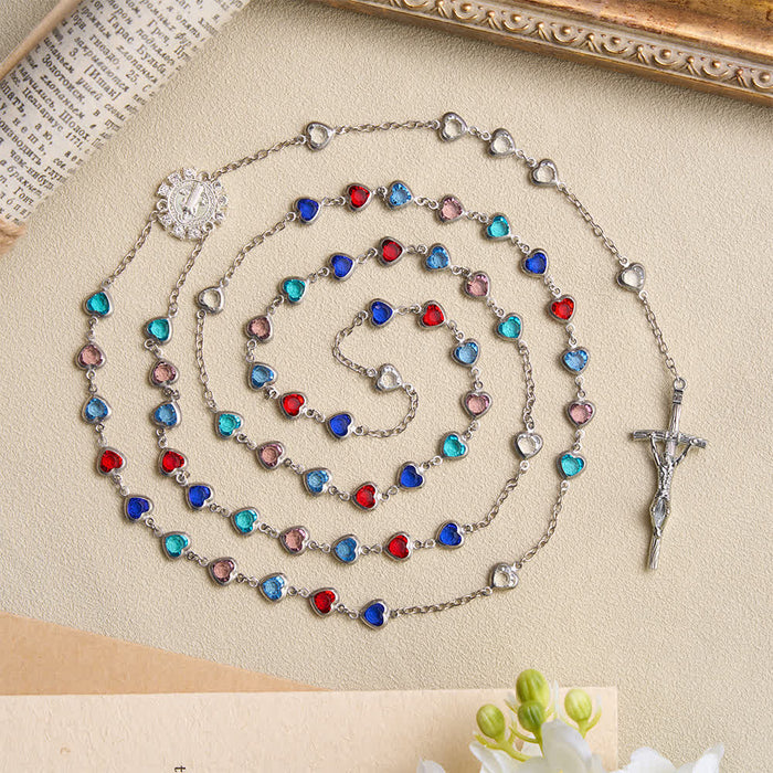 Silver‑Toned Heart‑Zircon Rosary With St.Benedict Medallion: Emblem of Gentle Heavenly Grace