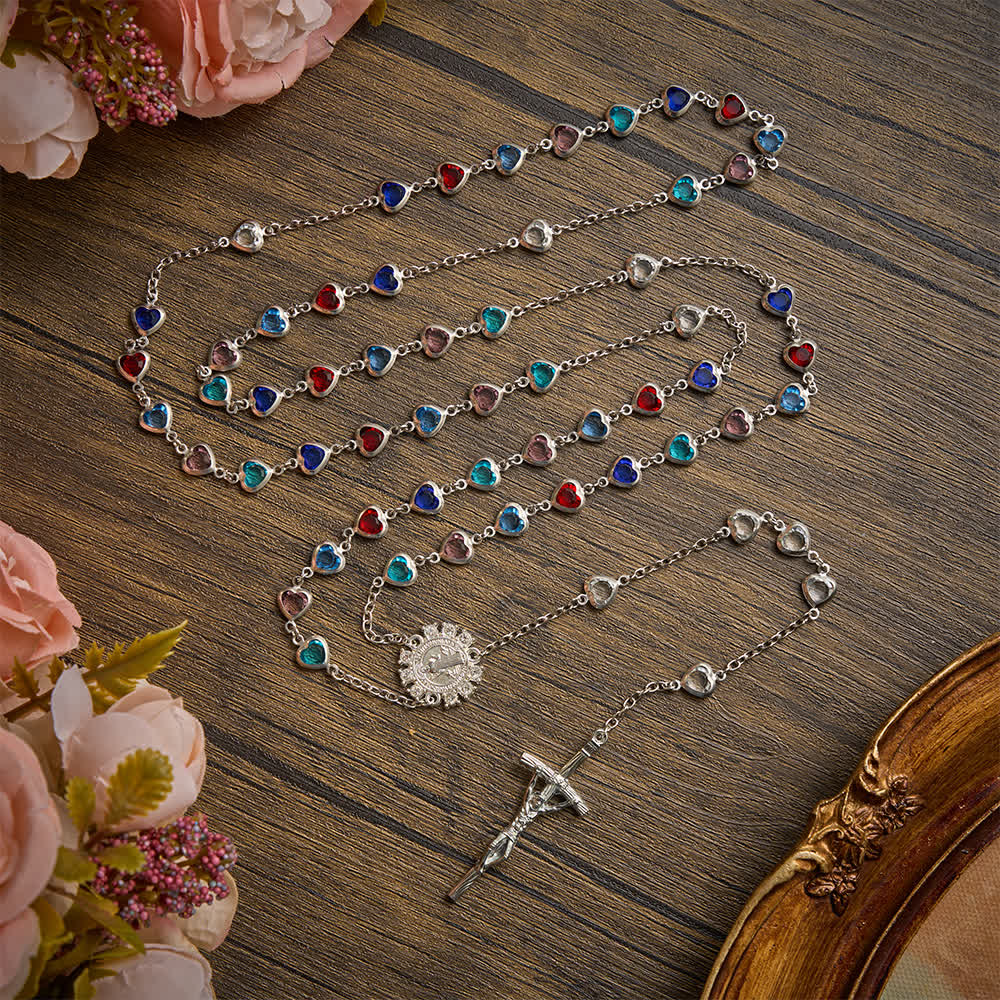 Silver‑Toned Heart‑Zircon Rosary With St.Benedict Medallion: Emblem of Gentle Heavenly Grace