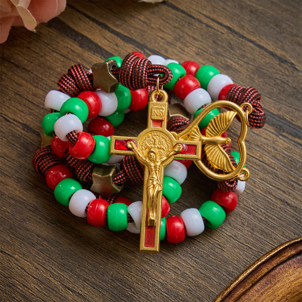 Christmas‑Toned Bead‑Cord Rosary With Holy Spirit Medallion: Emblem of Warm Heavenly Grace