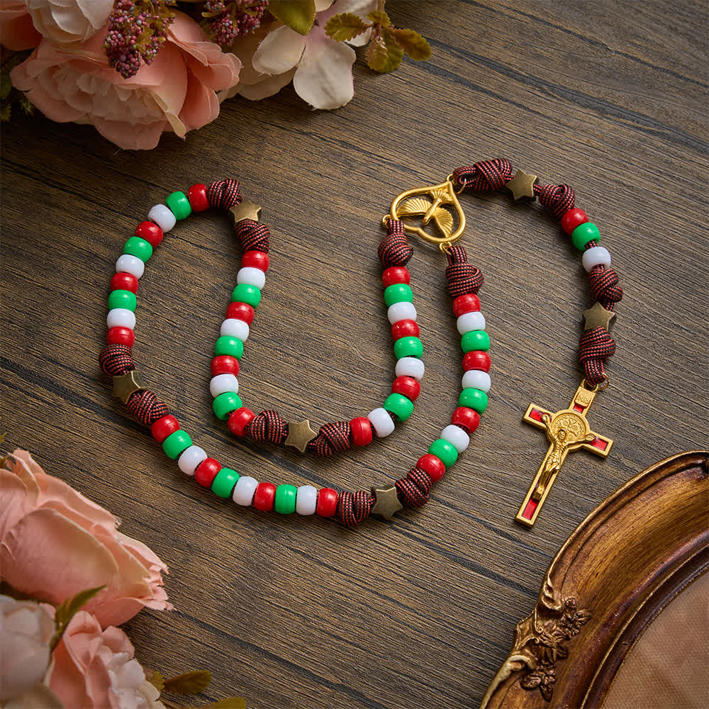 Christmas‑Toned Bead‑Cord Rosary With Holy Spirit Medallion: Emblem of Warm Heavenly Grace
