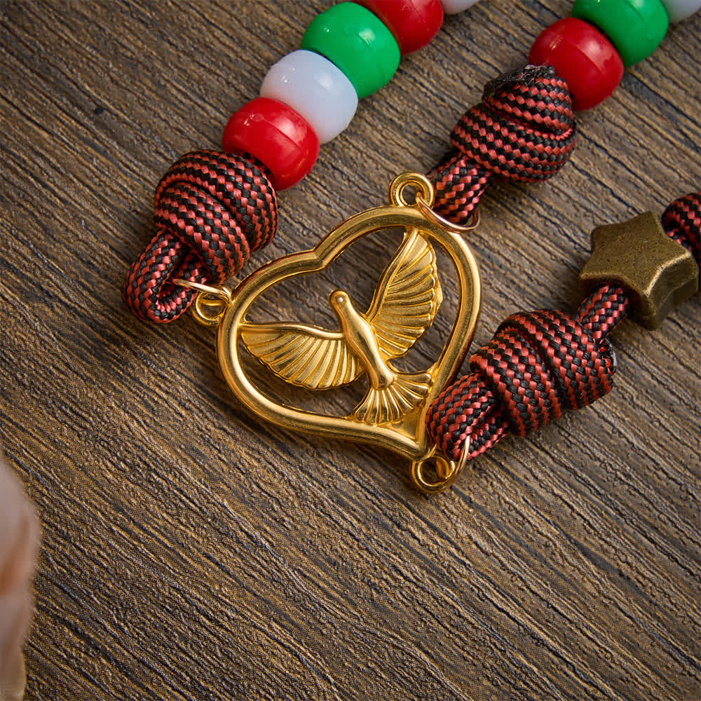 Christmas‑Toned Bead‑Cord Rosary With Holy Spirit Medallion: Emblem of Warm Heavenly Grace