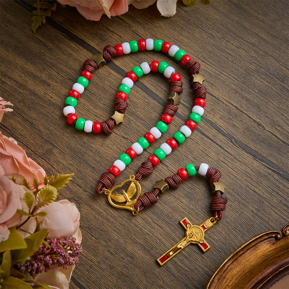 Christmas‑Toned Bead‑Cord Rosary With Holy Spirit Medallion: Emblem of Warm Heavenly Grace