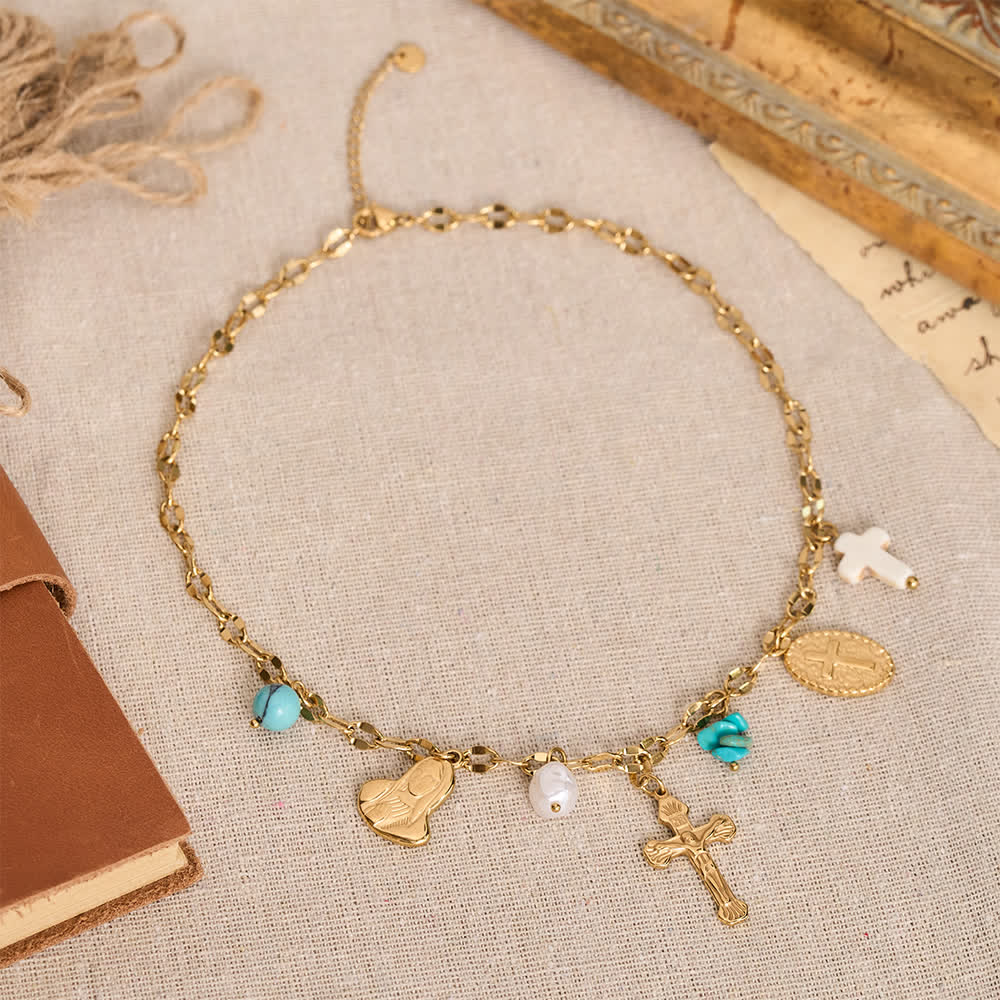 Multi Charm Necklace With Cross Crucifix Our Lady Emblem Of Gentle Heavenly Solace