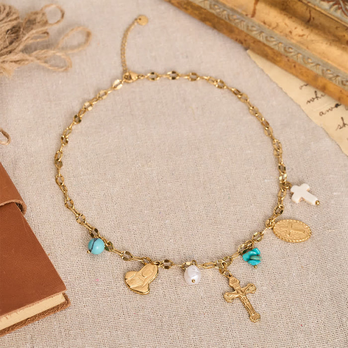Multi Charm Necklace With Cross Crucifix Our Lady Emblem Of Gentle Heavenly Solace