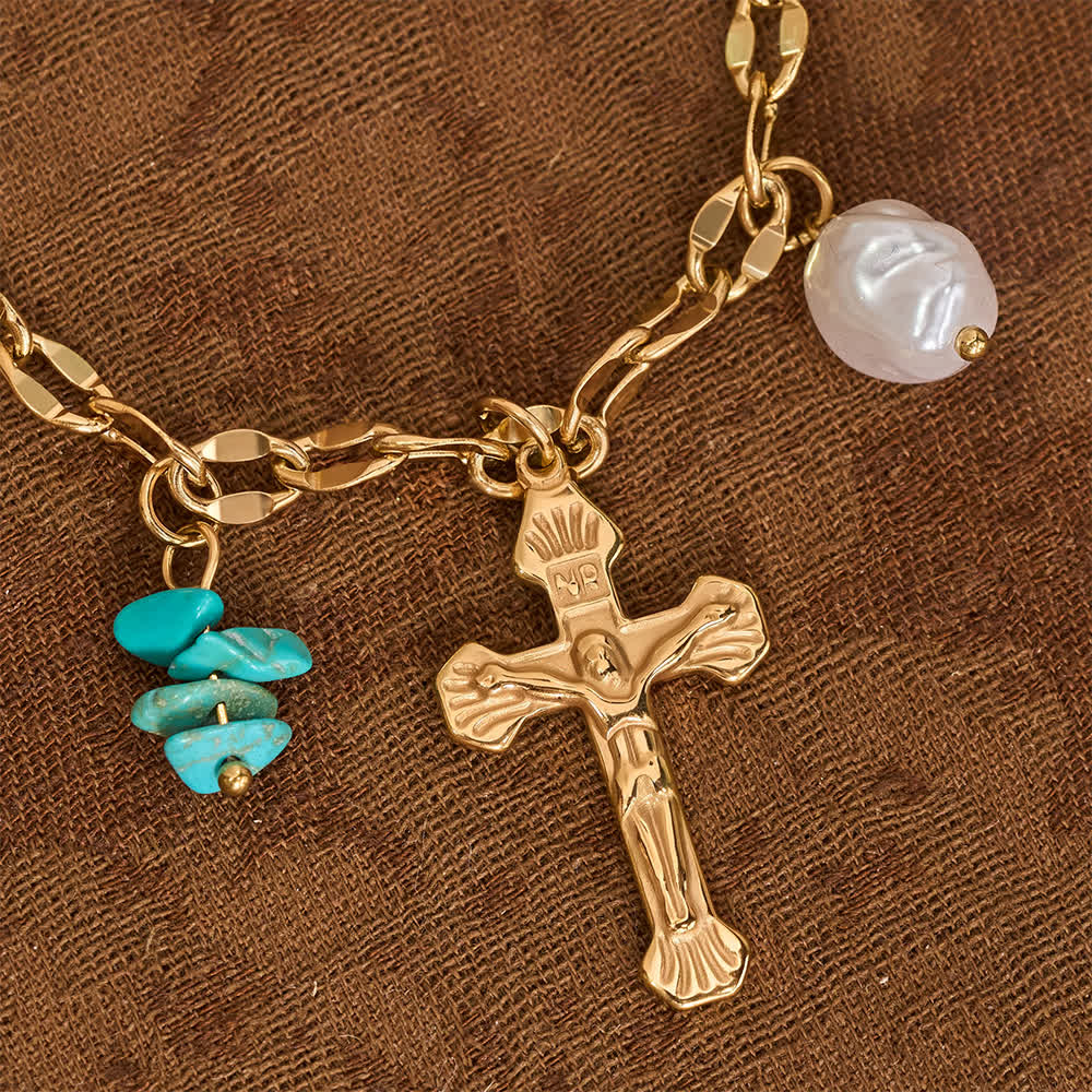 Multi Charm Necklace With Cross Crucifix Our Lady Emblem Of Gentle Heavenly Solace