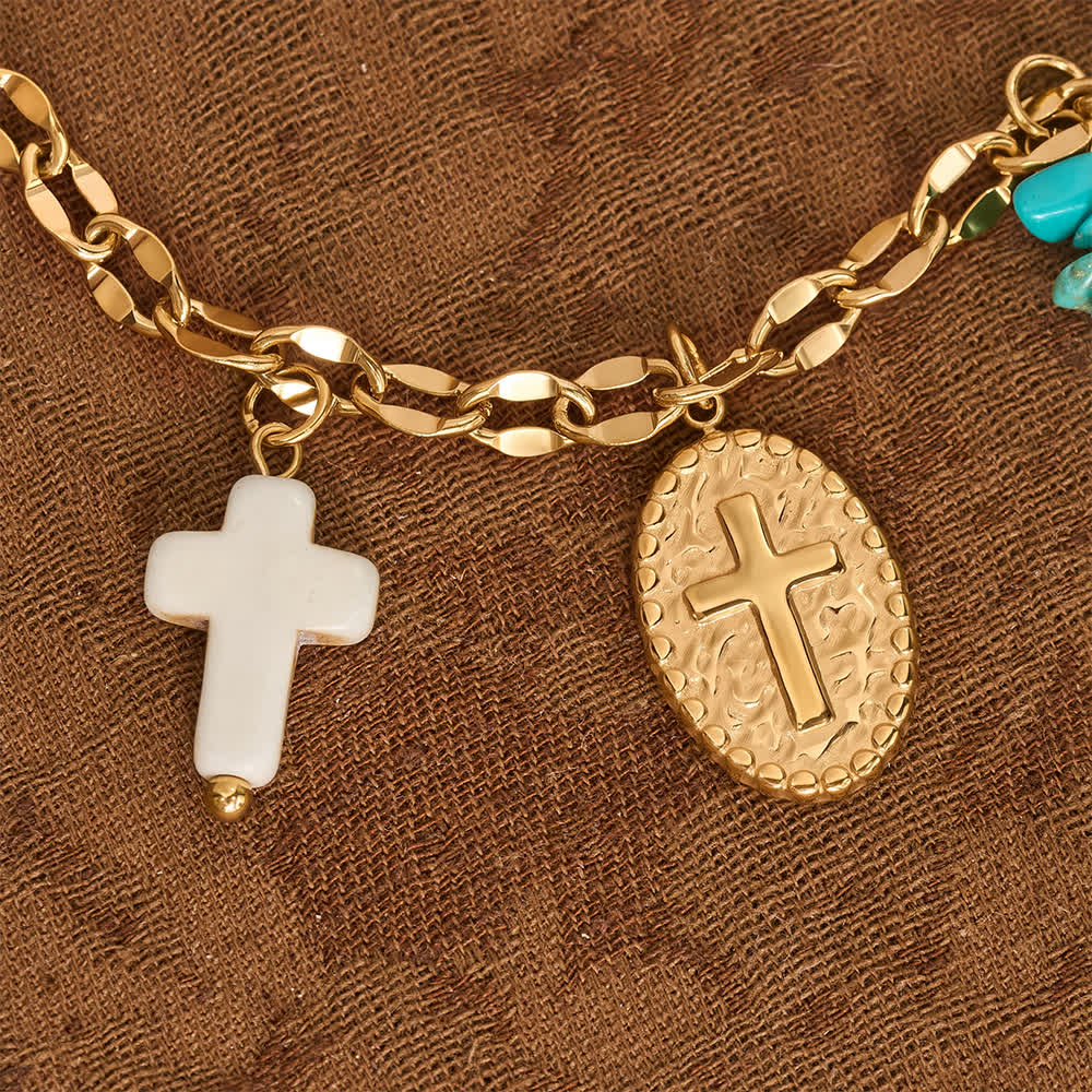 Multi Charm Necklace With Cross Crucifix Our Lady Emblem Of Gentle Heavenly Solace
