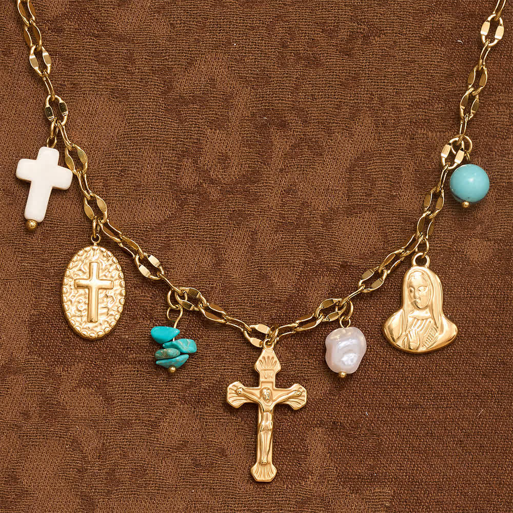 Multi Charm Necklace With Cross Crucifix Our Lady Emblem Of Gentle Heavenly Solace