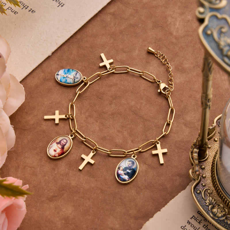 Dangle Jesus & Our Lady Medal Set With Cross Pendants: Badge of Heavenly Grace