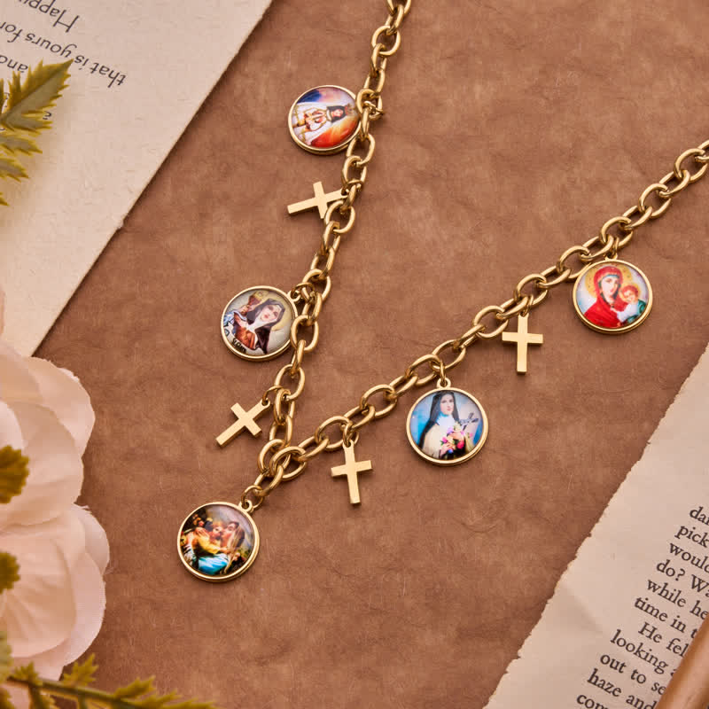 Dangle Jesus & Our Lady Medal Set With Cross Pendants: Badge of Heavenly Grace