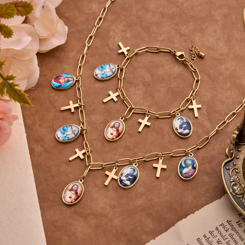 Dangle Jesus & Our Lady Medal Set With Cross Pendants: Badge of Heavenly Grace