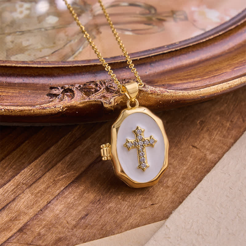 Vintage Enamel Locket Necklace With Sparkling Cross: Token of Abiding Heavenly Shelter