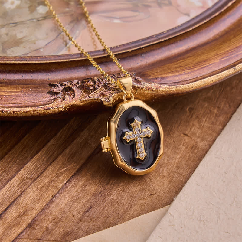 Vintage Enamel Locket Necklace With Sparkling Cross: Token of Abiding Heavenly Shelter