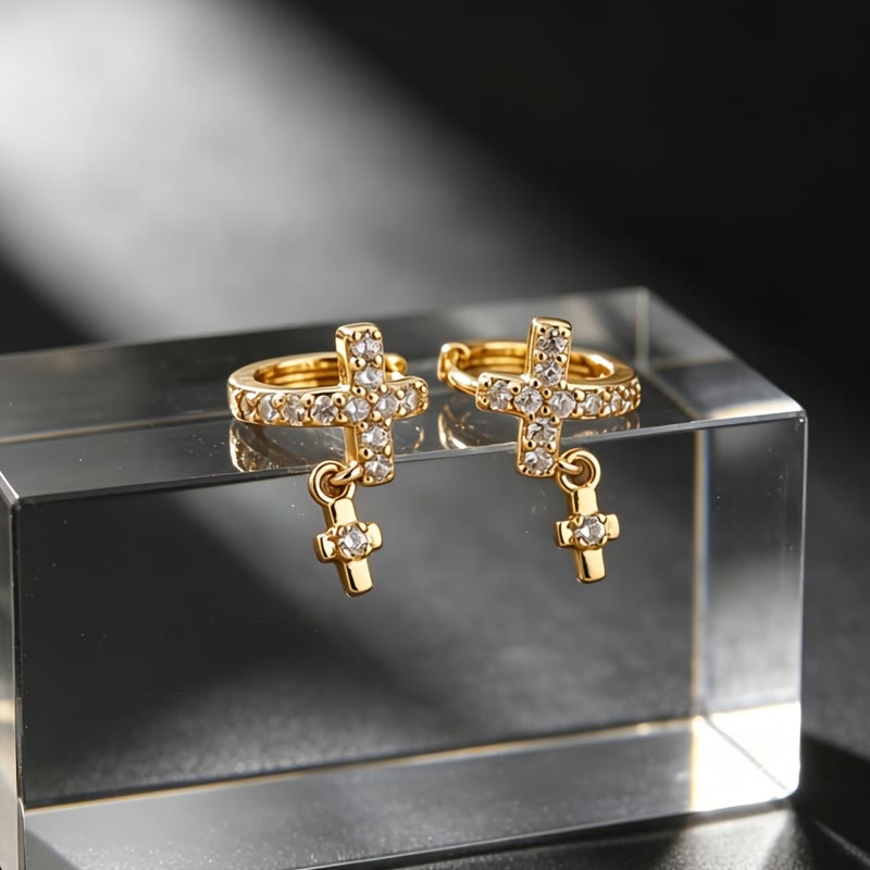 Double Cross Paved Crystal Hoop Earrings: Emblem of Gentle Heavenly Blessings