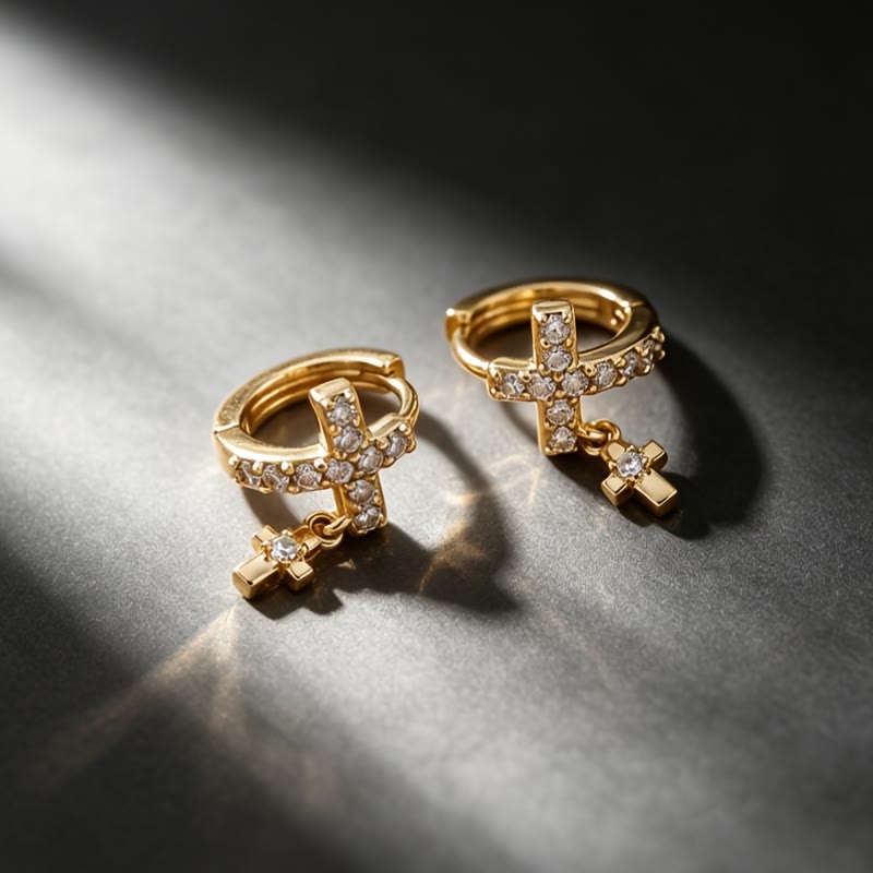 Double Cross Paved Crystal Hoop Earrings: Emblem of Gentle Heavenly Blessings