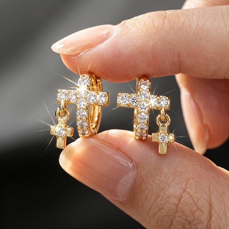 Double Cross Paved Crystal Hoop Earrings: Emblem of Gentle Heavenly Blessings