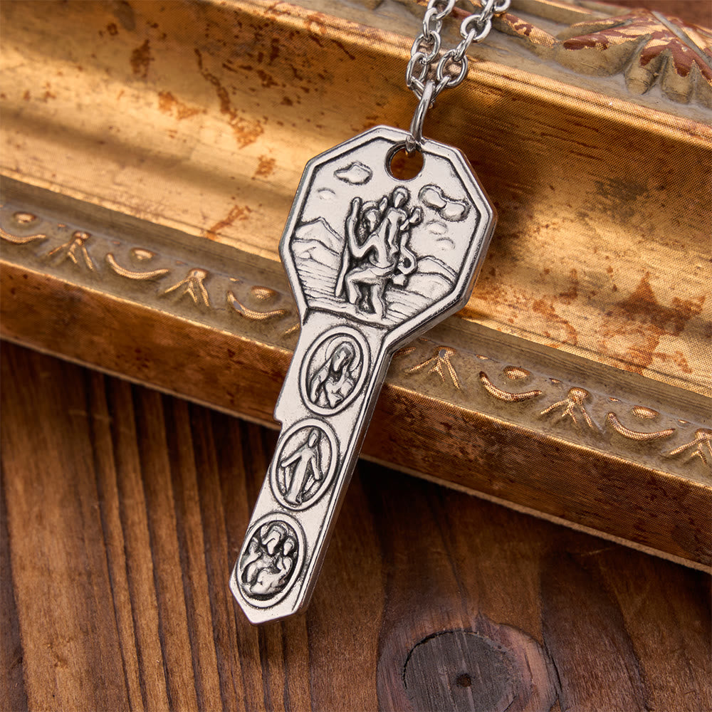 Ornate Relief St. Christopher Charm Key Necklace: Sign Of Abiding Divine Safeguard