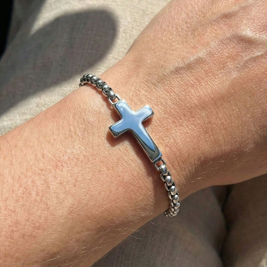 Sleek Polished Cross Chain Bracelet: Sign Of Abiding Heavenly Guardianship